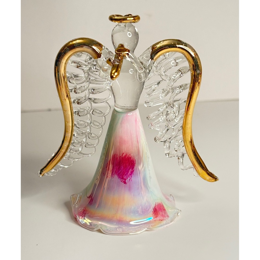 Vintage Spun Glass Angel Figurine Gold Trim Iridescent Opalescent Christmas 3.5"